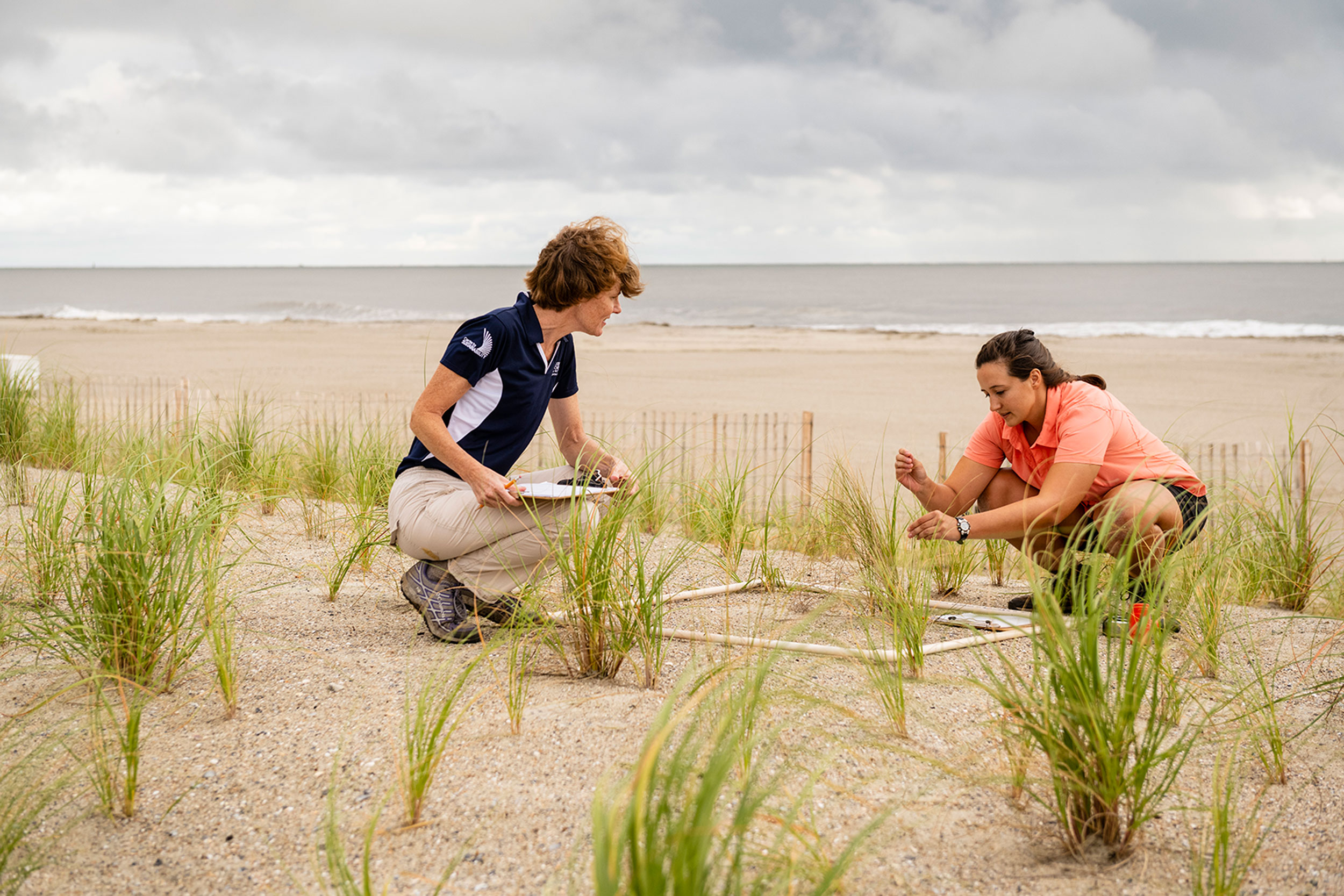 A student and professor from one of Georgia Southern's Accelerated Bachelor’s to Master’s Pathways take samples near the coastline
