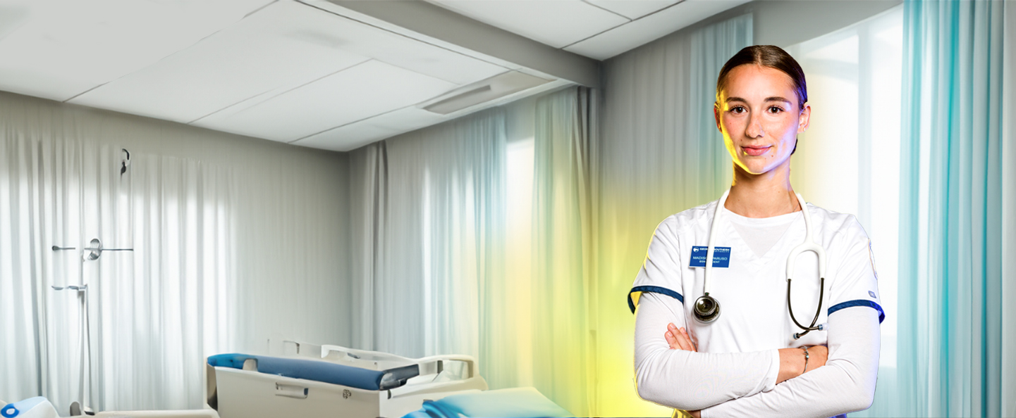 Wearing a stethoscope, a student from Georgia Southern's Accelerated BSN program stands in a clinical space.