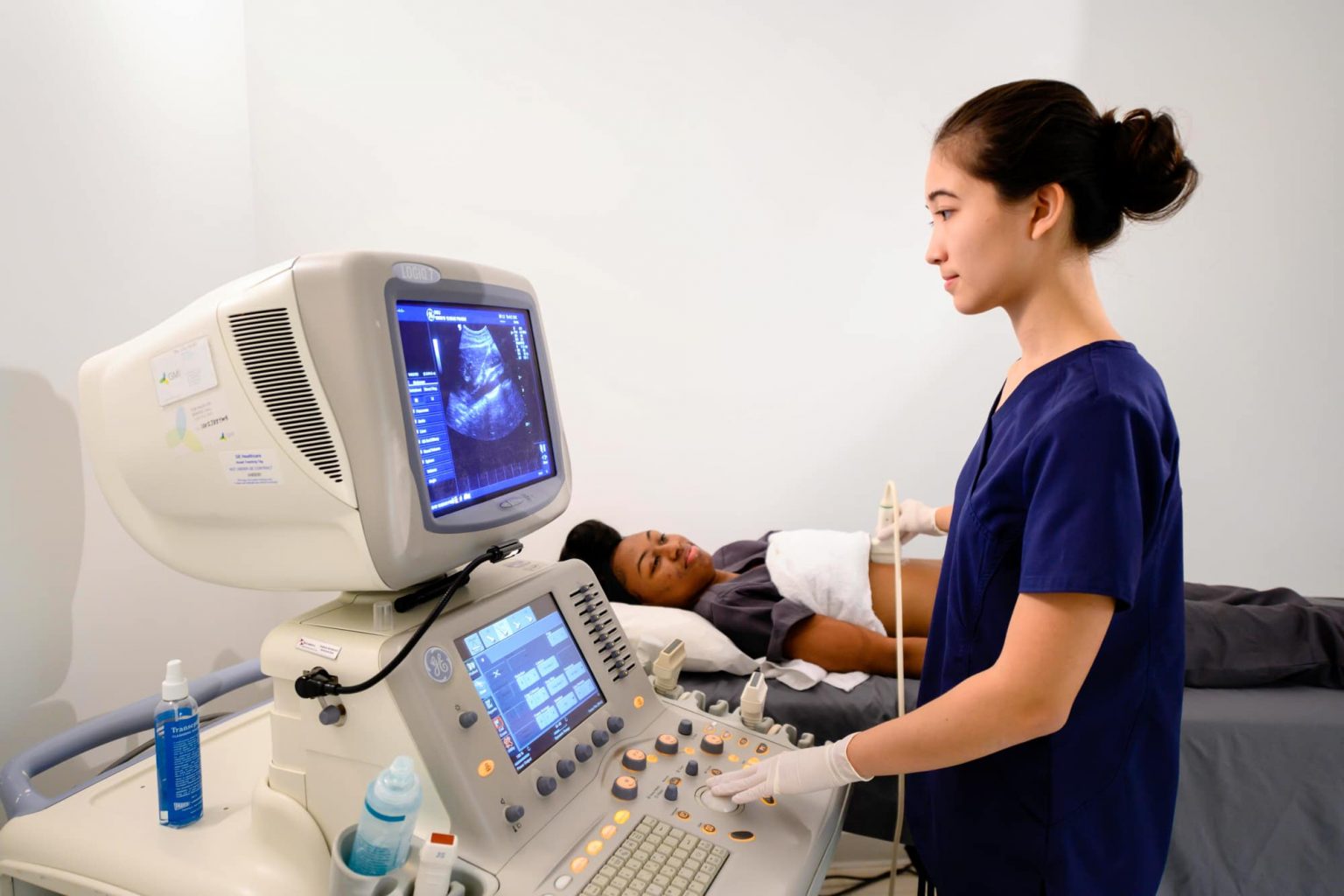 A Georgia Southern Clinical Sciences student performs an abdominal ultrasound.