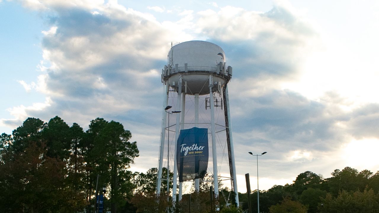 Water tower with the Together We Soar banner for Georgia Southern.
