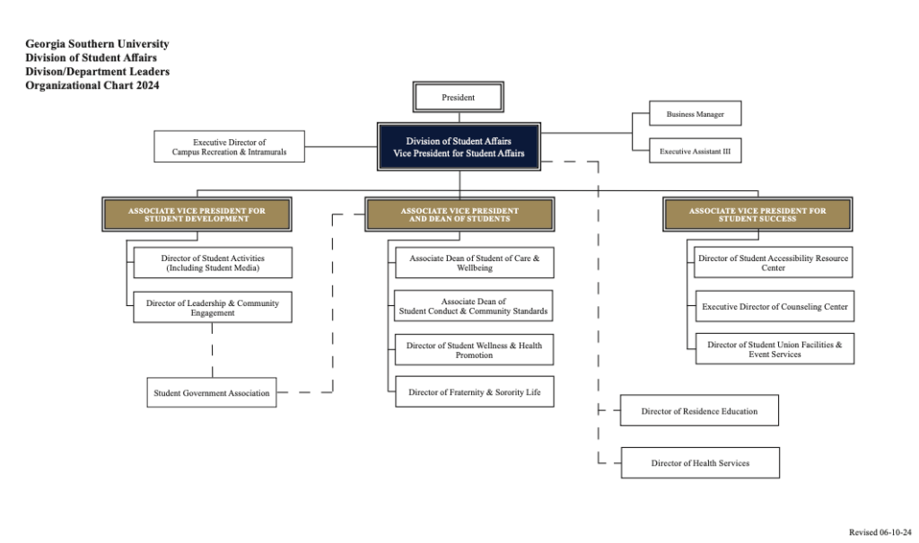 Organizational chart for Georgia Southern University’s Division of Student Affairs.