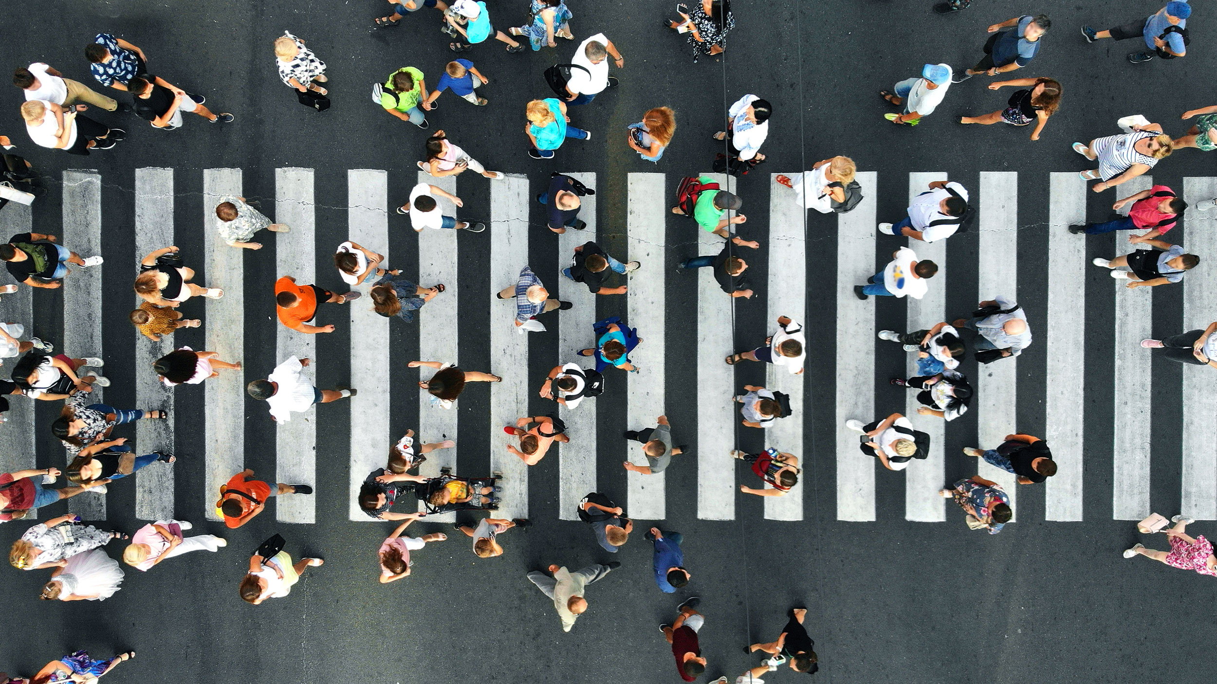An aerial view of a busy crosswalk with many people walking in different directions across wide white stripes on a city street.