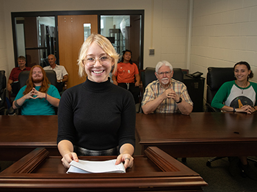 A Georgia Southern Student pleads a case in court for Criminal Justice Criminology Student Organizations.