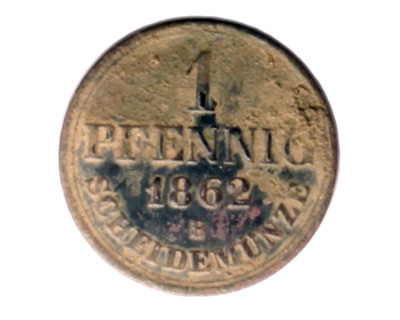 A copper coin with the words 1 pfennig 1862 B Scheidemunze.