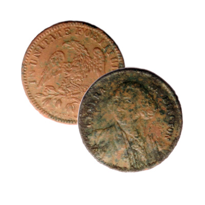 A copper coin shown front and back. The front shows a man that looks like George Washington with partially illegible words that appear to spell Georas Washington. The back depicts an eagle on a branch with the words inunitate furiatum.