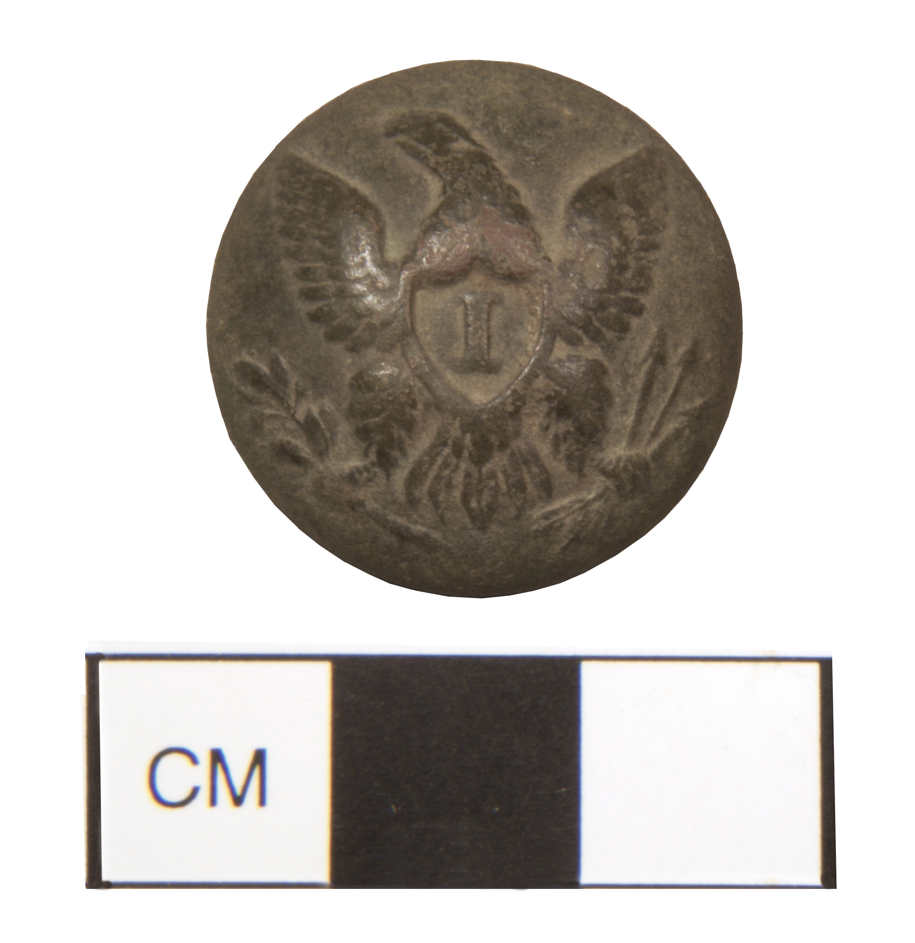 A metal button embossed with an eagle carrying an olive branch and arrows in its talons. The button is about 70 millimeters in diameter.