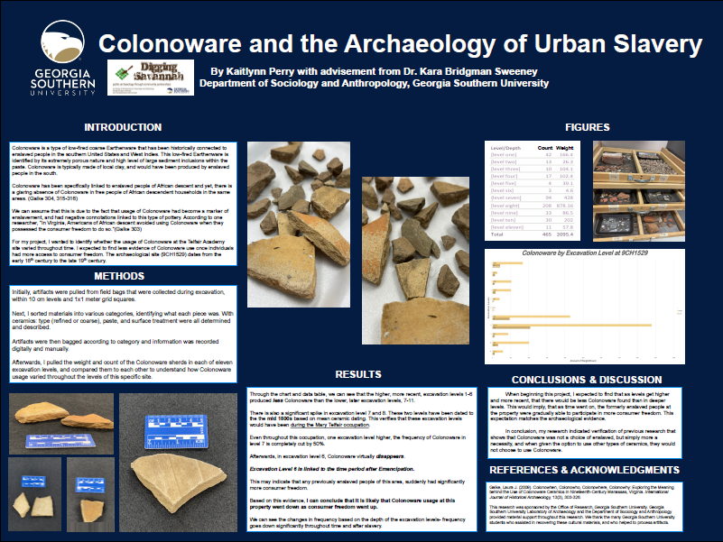 Photo of a student poster presentation titled Colonoware and the Archaeology of Urban Slavery.