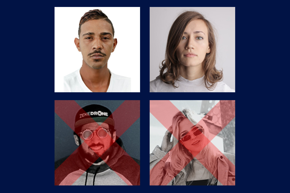 examples of approved versus denied photos. Approved photos have solid white backgrounds with unadorned subjects looking straight ahead. Denied photos include hats, sunglasses, glamour poses and busy backgrounds.