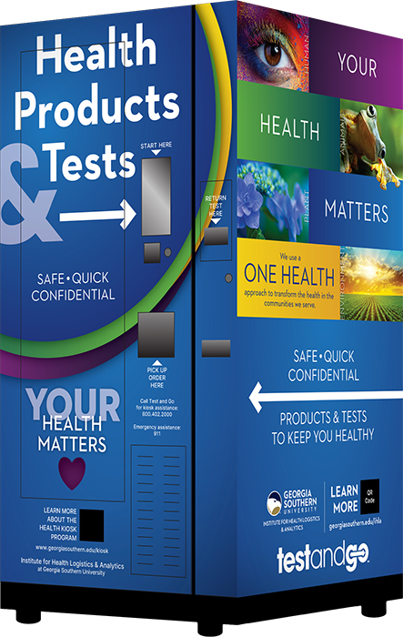 An example of a One Health kiosk. It works like a UPS or FedEx drop-off box with One Health information screene printed on it.