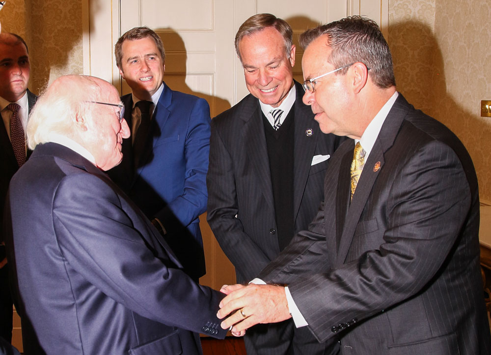 To celebrate the November 2019 opening of Georgia Southern University’s Wexford Campus, the President of Ireland, Dr. Michael D. Higgins (far left), welcomed GS’s President, Dr. Kyle Marrero (far right), to Áras an Uachtaráin, the presidential mansion in Dublin. Next to Marrero is Don L. Waters, Chair of the Board of Regents of the University System of Georgia.