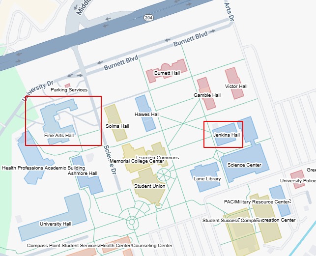 A map of Armstrong Campus showing the locations of Fine Arts Hall and Jenkins Hall theatre.