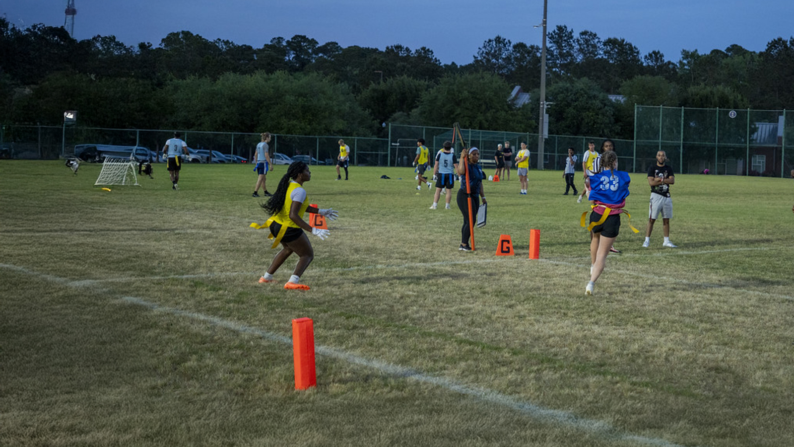A group of Georgia Southern students play flag football intramural game at the CRI RAC recreation fields.