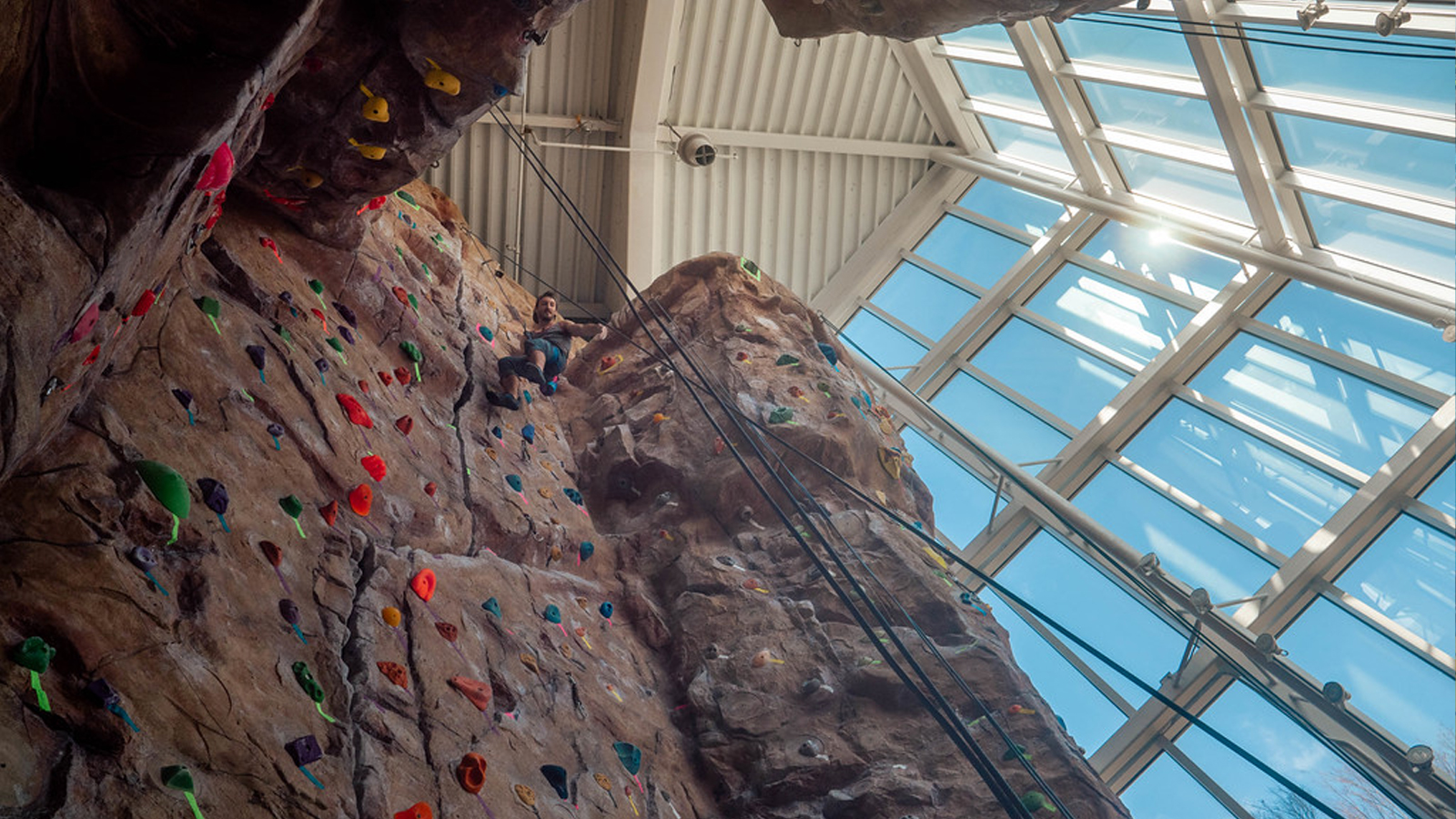 Georgia Southern student takes ropes course on the climbing wall at the recreation activity center in statesboro.