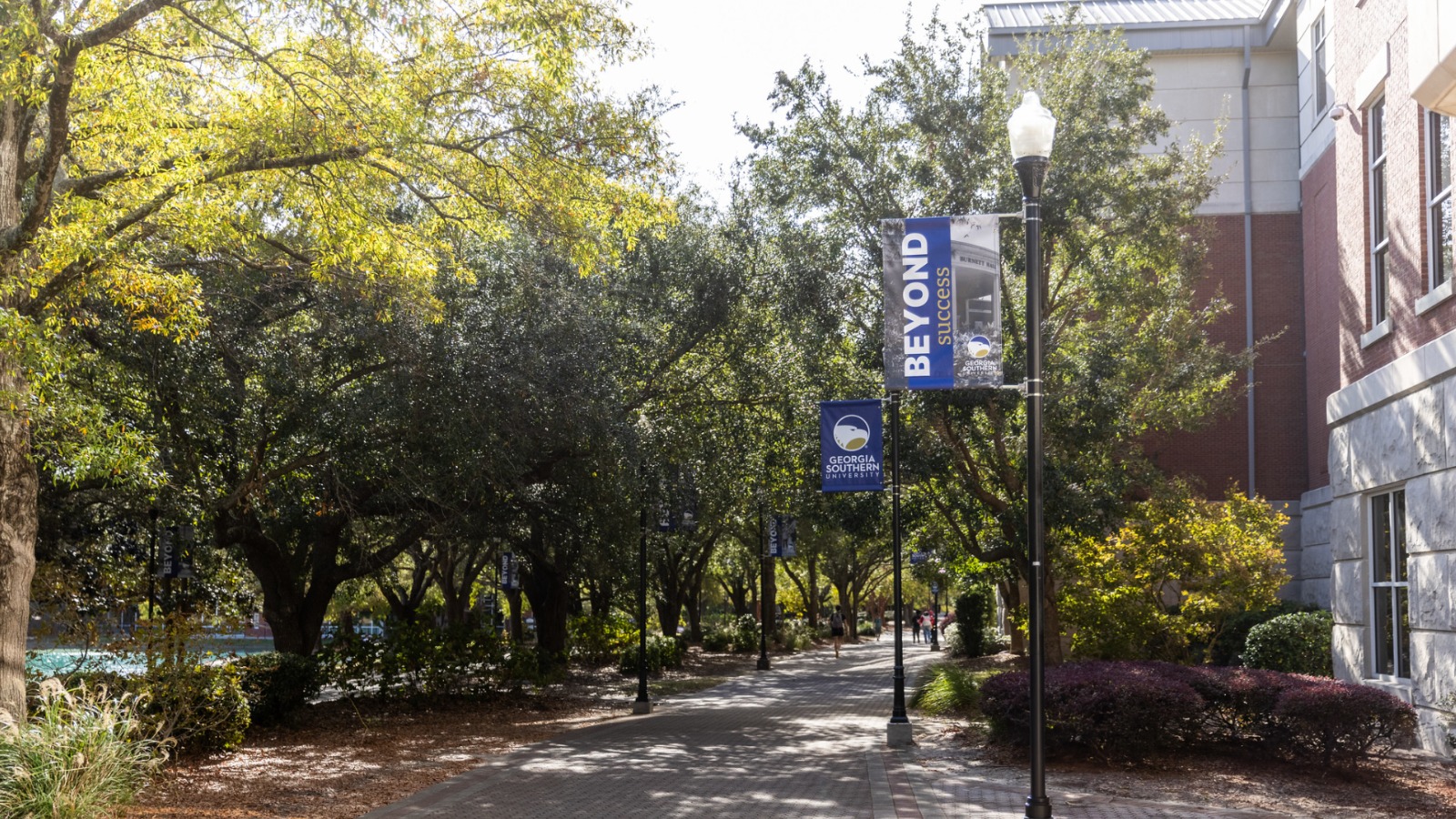 A brand banner reading Beyond Success adorns a lightpole on a tree-lined campus walkway.