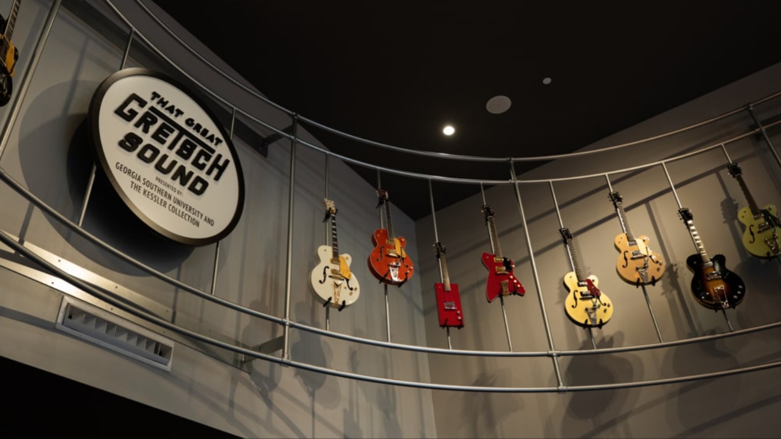 A view of the atrium display in That Great Gretsch Sound exhibit at District Live in Savannah.