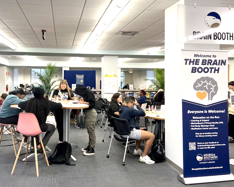 The Brain Booth located in the Georgia Southern library is an immersive experience for cultivating mind-body harmony, achieving stress relief, and enhancing performance.