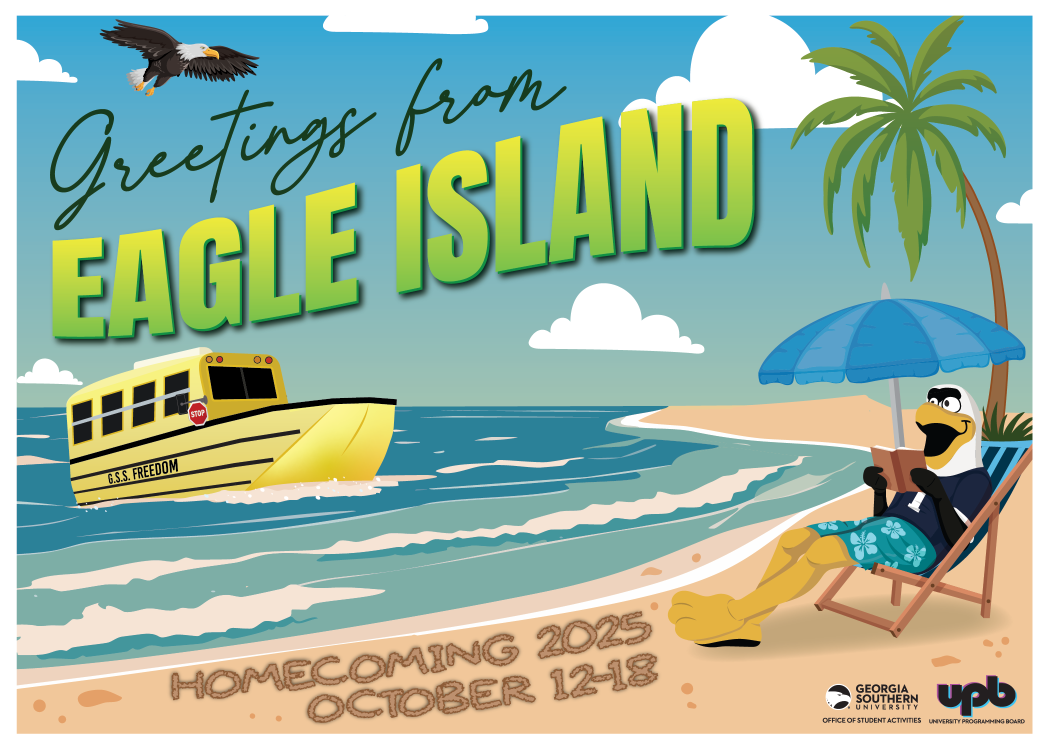 A postcard for Homecoming 2025: Greetings from Eagle Island, October 12 through 18.