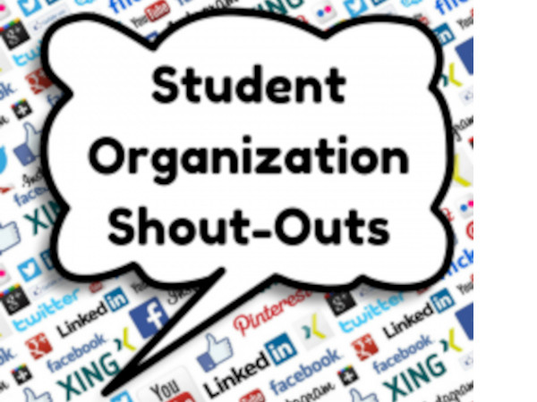 A speech bubble says Student Organization Shout Outs with a mass of social media logos in the background.