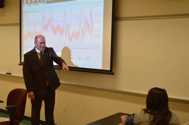 A professor lectures students on the lie detector test