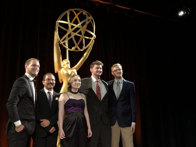 Georgia Southern Multimedia Development Center Emmy award winners include, from left,  Bradon Holder, Senior, Electrical Engineering Major, Orange Park, FL, Serggio Montero, Senior, Computer Science Major, Savannah, GA, Melanie Denton, Senior, Multimedia Film and Production Major, Statesboro, GA, Robert Wright, Graduated, Multimedia Film and Production Major, Macon, GA, and Brian Cox, Senior, Computer Science Major, Richmond Hill, GA.