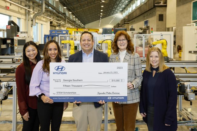 (left to right) Ciara Calub, Hyundai Motor America, Vanessa Perez, Hyundai Motor America, Brandon Ramirez, director, corporate social responsibility, Hyundai Motor America, Julie Gerbsch, executive director of development, office of university advancement, Georgia Southern University, Amy Ballagh, interim vice president, enrollment management, Georgia Southern University in Statesboro, Ga. on January 23, 2023. (Photo/Hyundai)