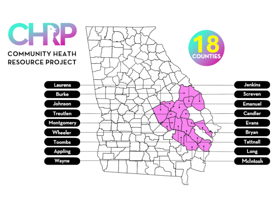 Map of Georgia highlighting 18 counties in the southeast where CHRP is active.