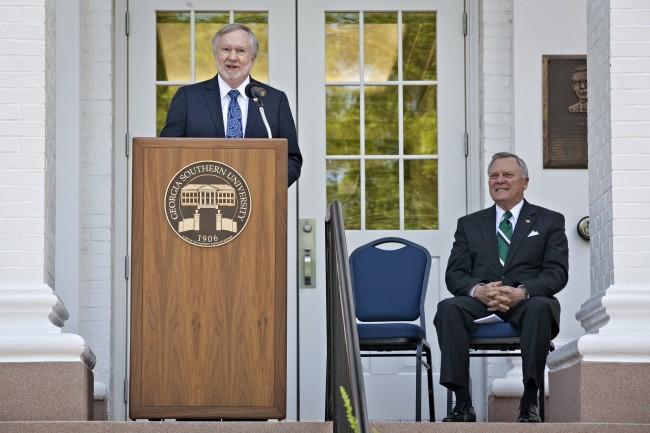 President Brooks A. Keel Ph.D., speaks on the steps of the Marvin S. Pittman Administration building as Georgia Governor Nathan Deal looks on, April 24, 2012. Governor Deal says he encourages all colleges to follow Georgia Southern's lead to expand the promise of the REACH scholarship.