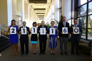 $2.1 million raised during 'A Day for Southern.' Pictured left to right are: America Minc, Campus Co-Chair, Stephen Rossi, Campus Co-Chair, Phyllis Thompson, Community Chair,     Brooks A. Keel, Georgia Southern President, Salinda Arthur, Vice President for University Advancement, Tom Kleinlein, Athletics Director and Alex Grovenstein, Director of Annual Giving.