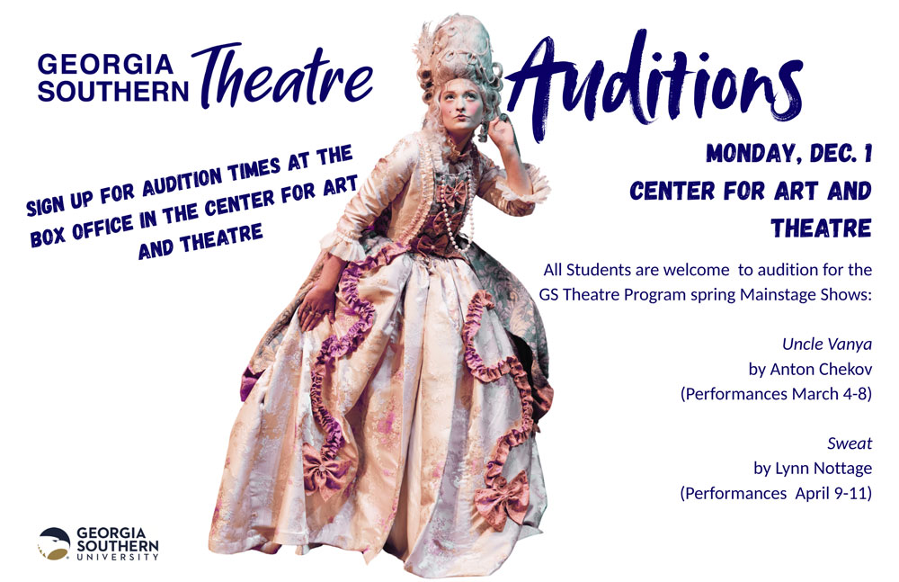 Sign up for audition times Monday, December 1, 2025 at the box office in the Center for Art and Theatre.