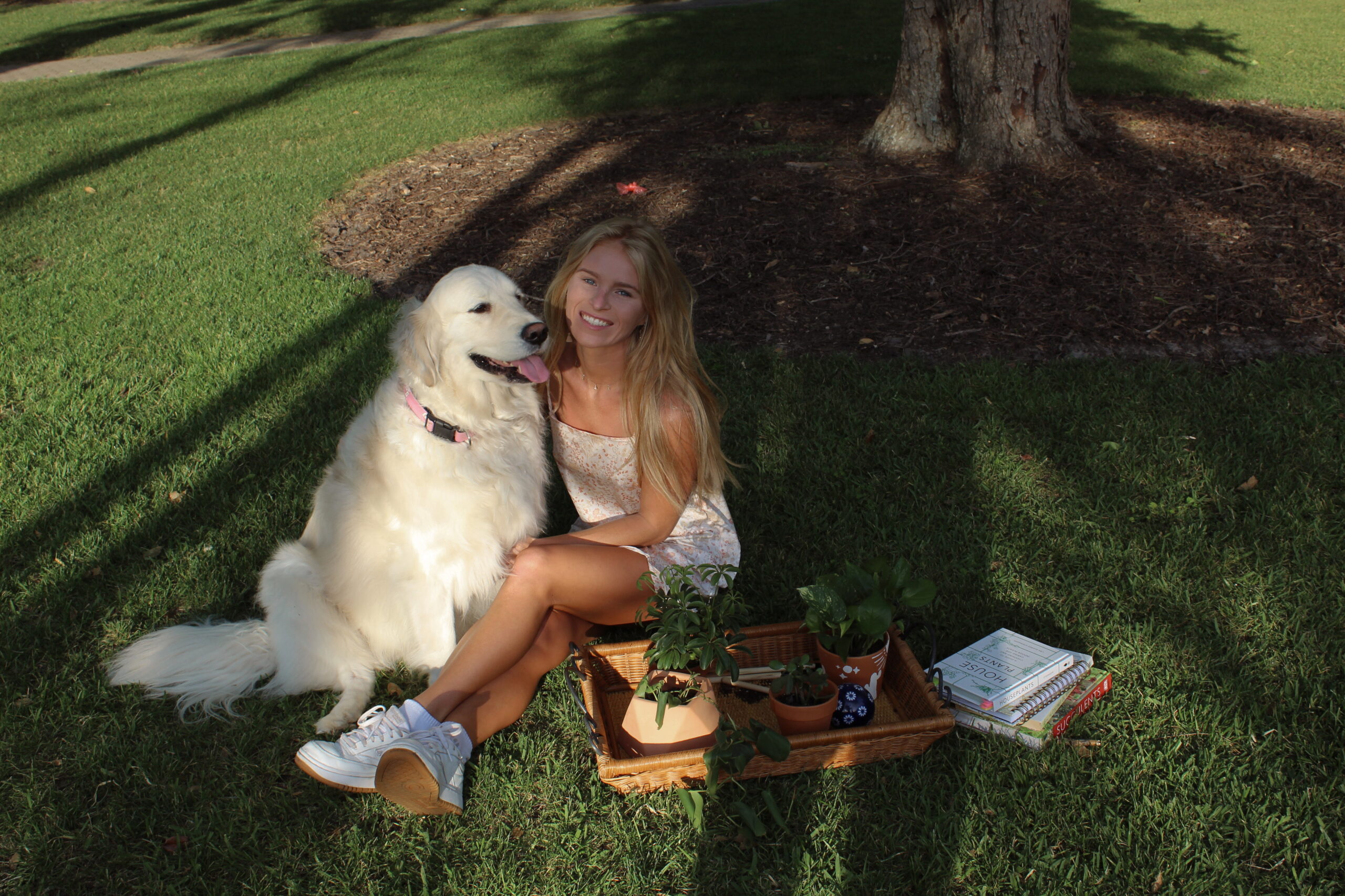 Madison Buford smiles while sitting in the grass with books, plants, and her golden retriever, Sophie. Madison is celebrating the completion of her bachelor's degree.