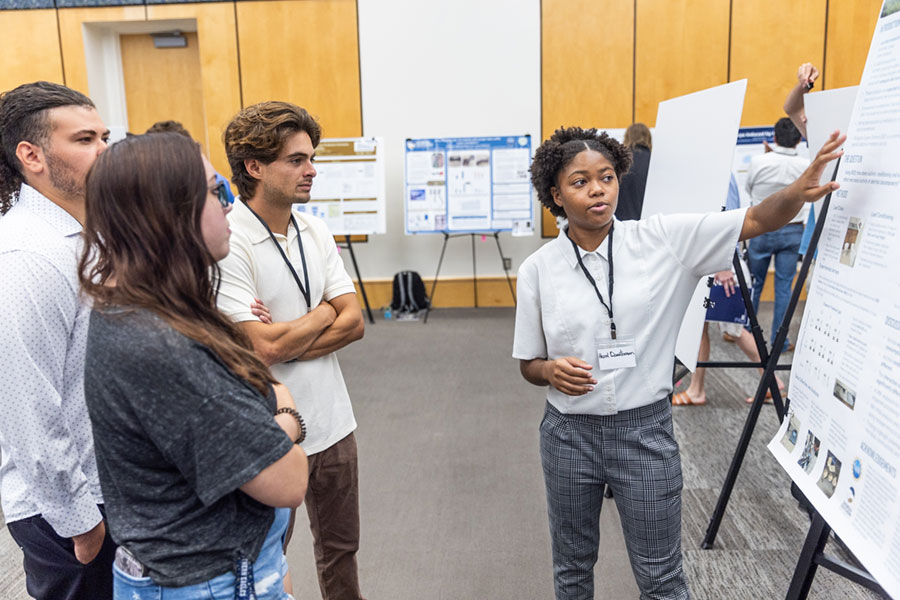 Women dressed in white shirt explaining here research to group of individual's