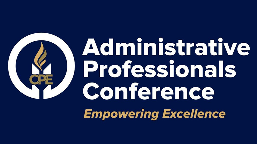 Logo for Administrative Professionals Conference featuring a white circular emblem with a torch and 'Empowering Excellence' on a dark blue background.