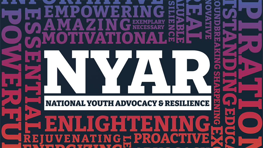 Centered NYAR logo with 'National Youth Advocacy & Resilience' subtitle on a dark background, framed by a purple-red word collage.