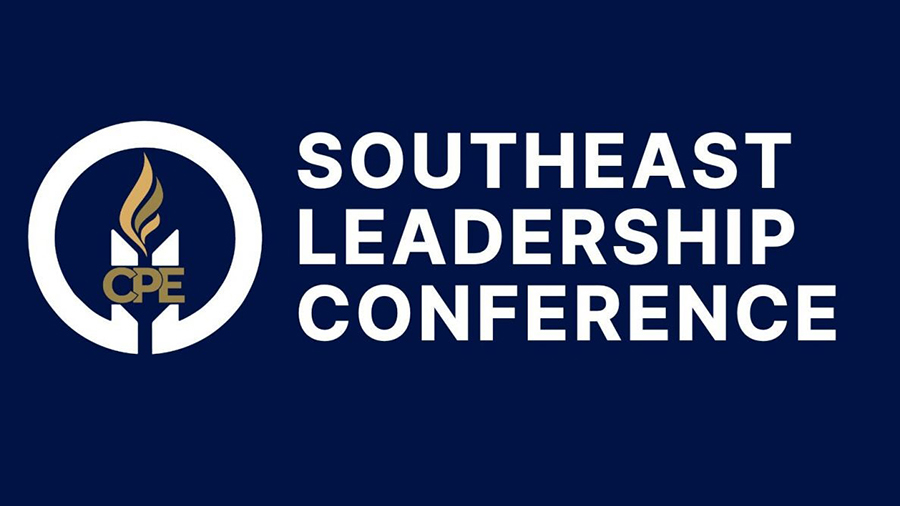 Southeast Leadership Conference logo on a navy background: circular seal with a flame and CPE initials, beside bold white text reading the event name.