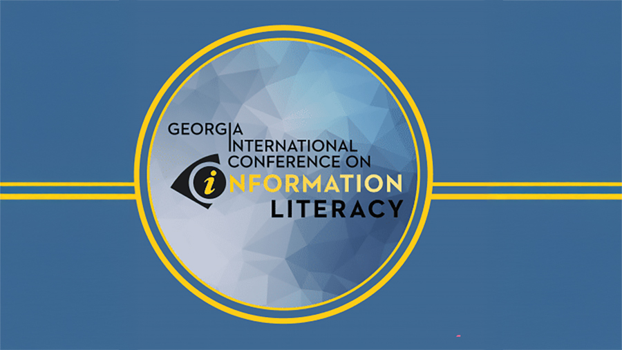 Logo for the Georgia International Conference on Information Literacy, featuring an eye icon within a yellow circular frame on a blue geometric background.