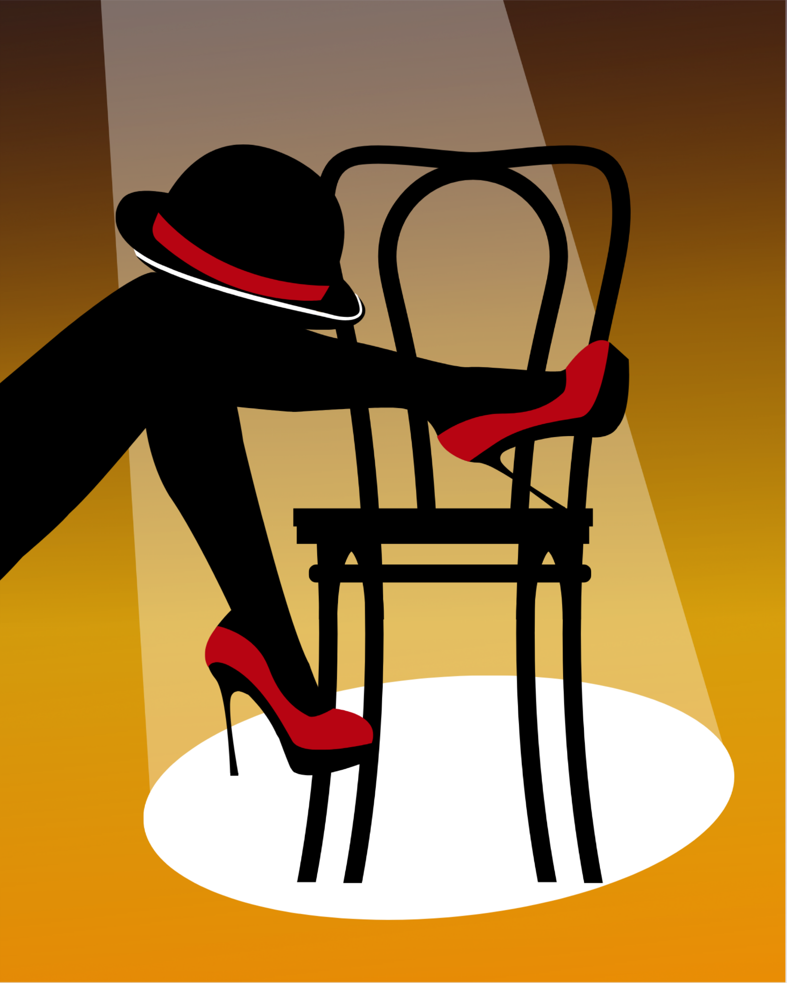 A showgirl's legs rest on a chair with a bowler hat perched atop her knee. A stage spotlight shines down in the background.