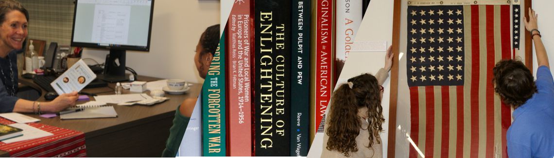 A three image collage featuring a professor sharing a book with a student on the left, a bookshelf with historical books in the center and a professor and student hanging an American flag display on the right.